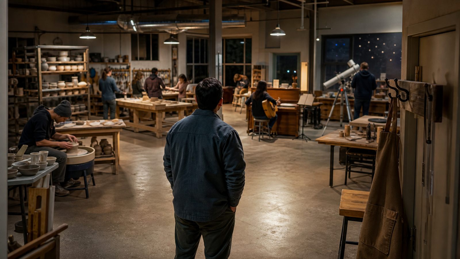 A visitor exploring different creative practices in a workshop